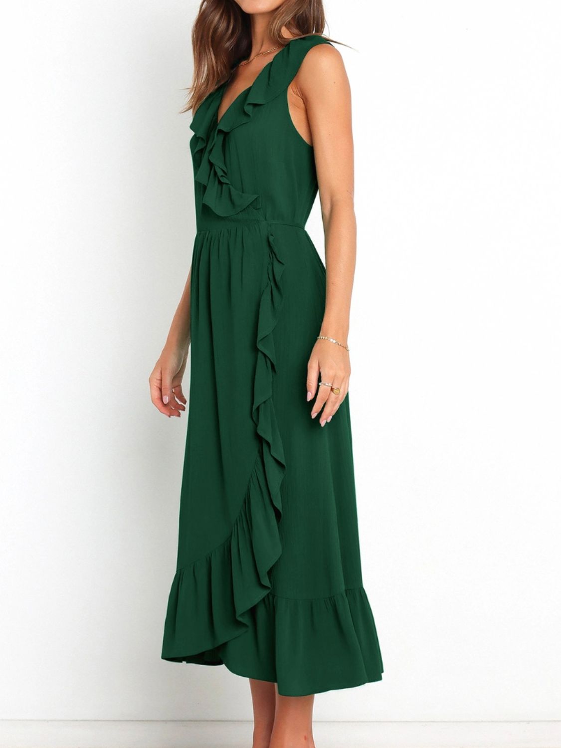 Ruffled Surplice Sleeveless Midi Dress Dark Green