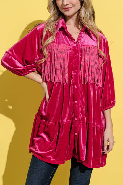 And The Why Fringe Detailed Velvet Shirt Dress Magenta