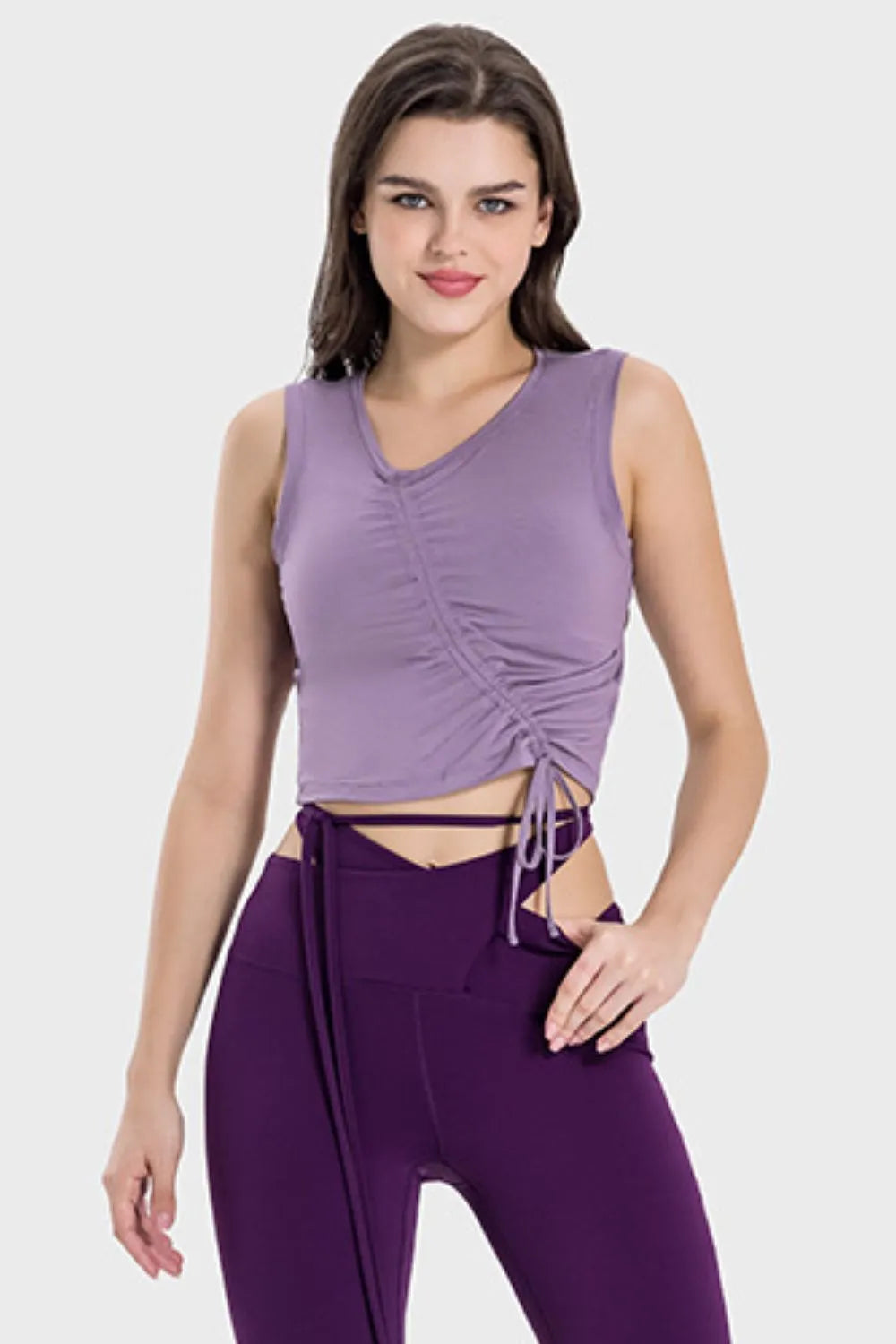 Drawstring Ruched Wide Strap Active Tank Lavender