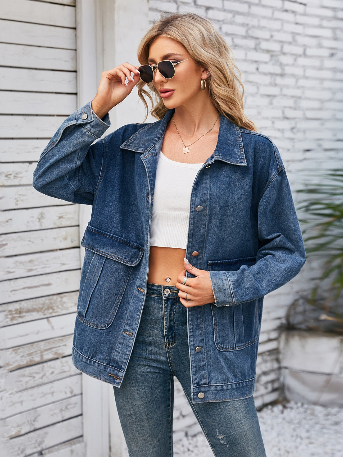 Button Up Long Sleeve Denim Jacket Dusty Blue