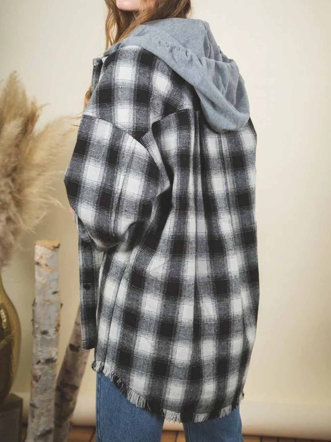 Raw Hem Plaid Long Sleeve Hooded Jacket Dark Gray