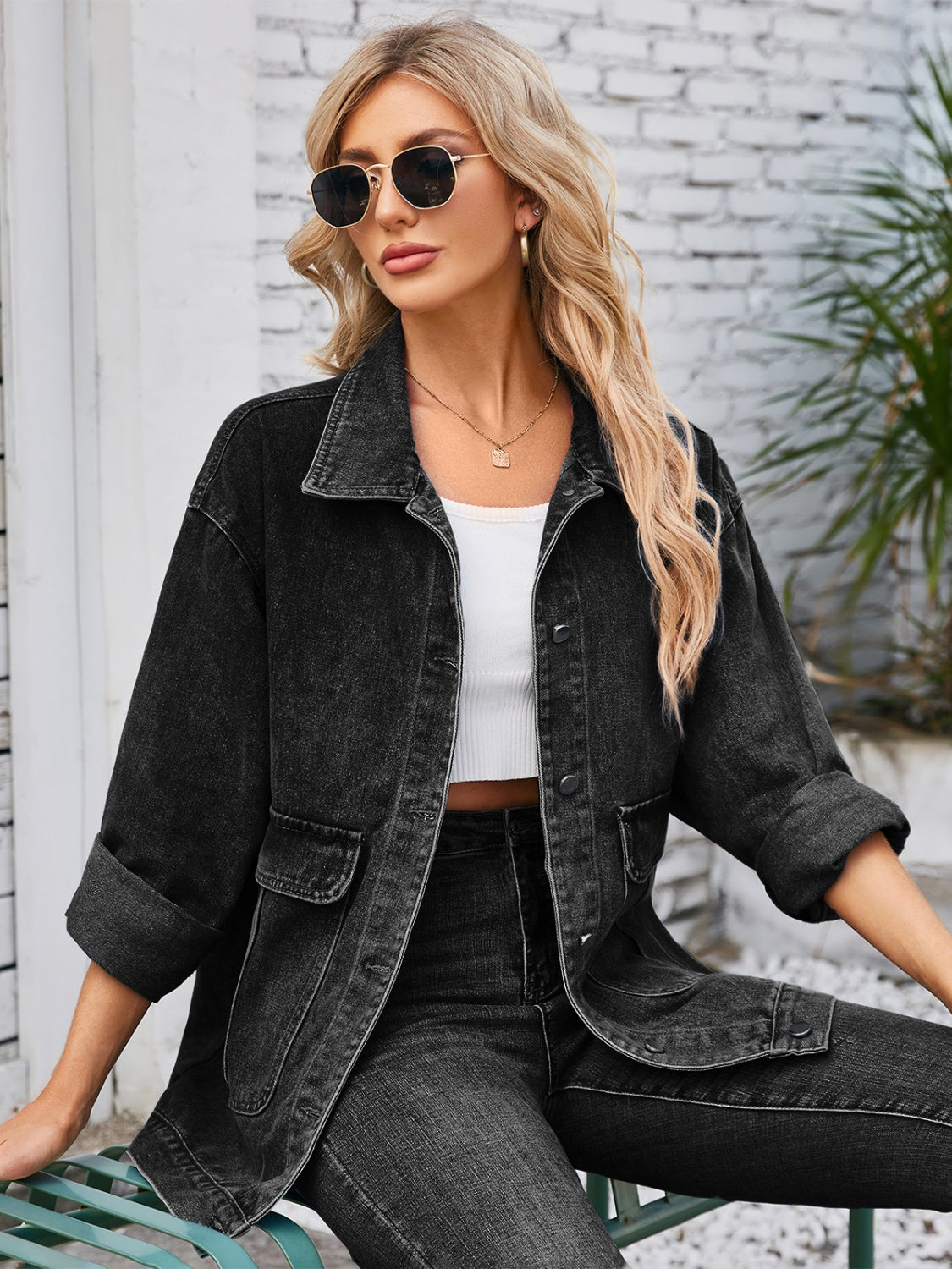 Button Up Long Sleeve Denim Jacket Black