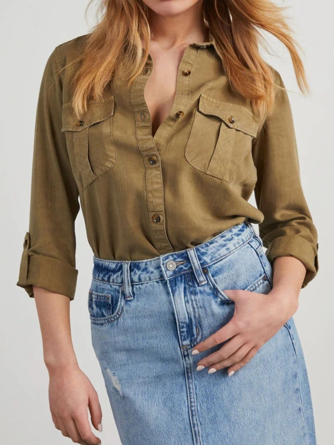 Collared Neck Roll-Tab Sleeve Denim Top Olive Brown