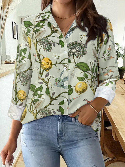 Printed Collared Neck Long Sleeve Shirt Light Green