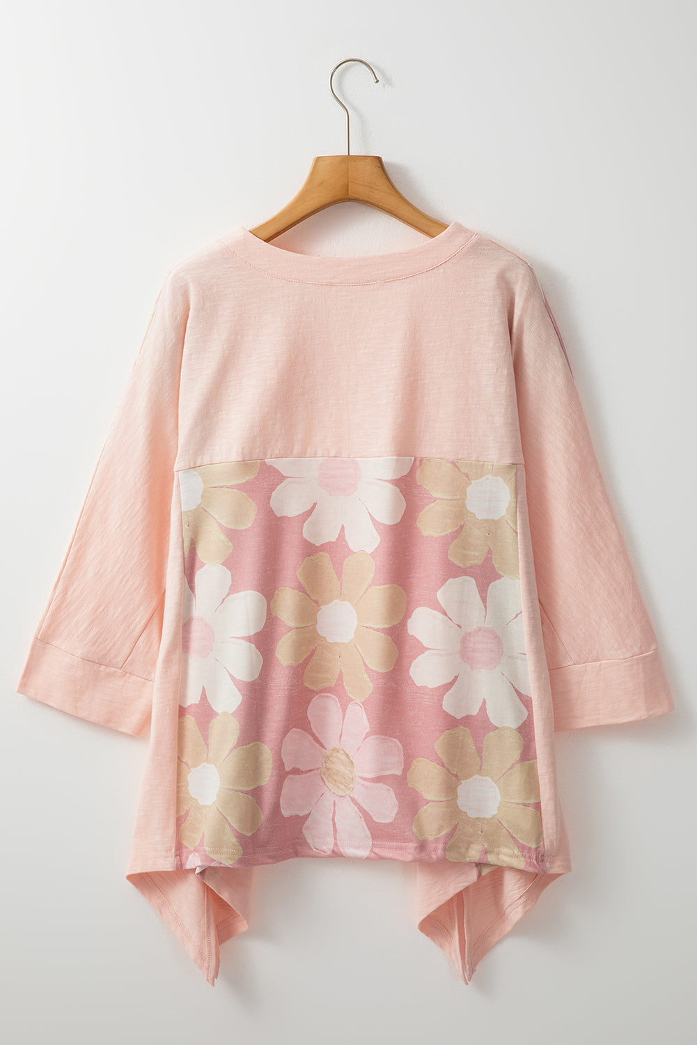 Slit Floral V-Neck Three-Quarter Sleeve Blouse Blush Pink