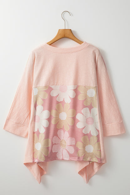 Slit Floral V-Neck Three-Quarter Sleeve Blouse Blush Pink