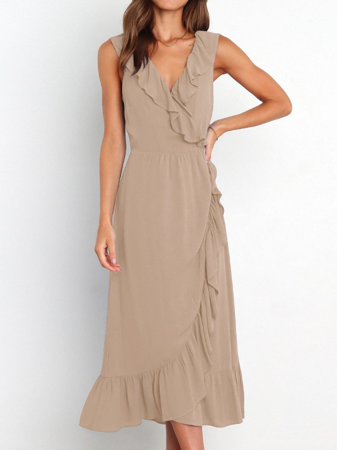 Ruffled Surplice Sleeveless Midi Dress Khaki