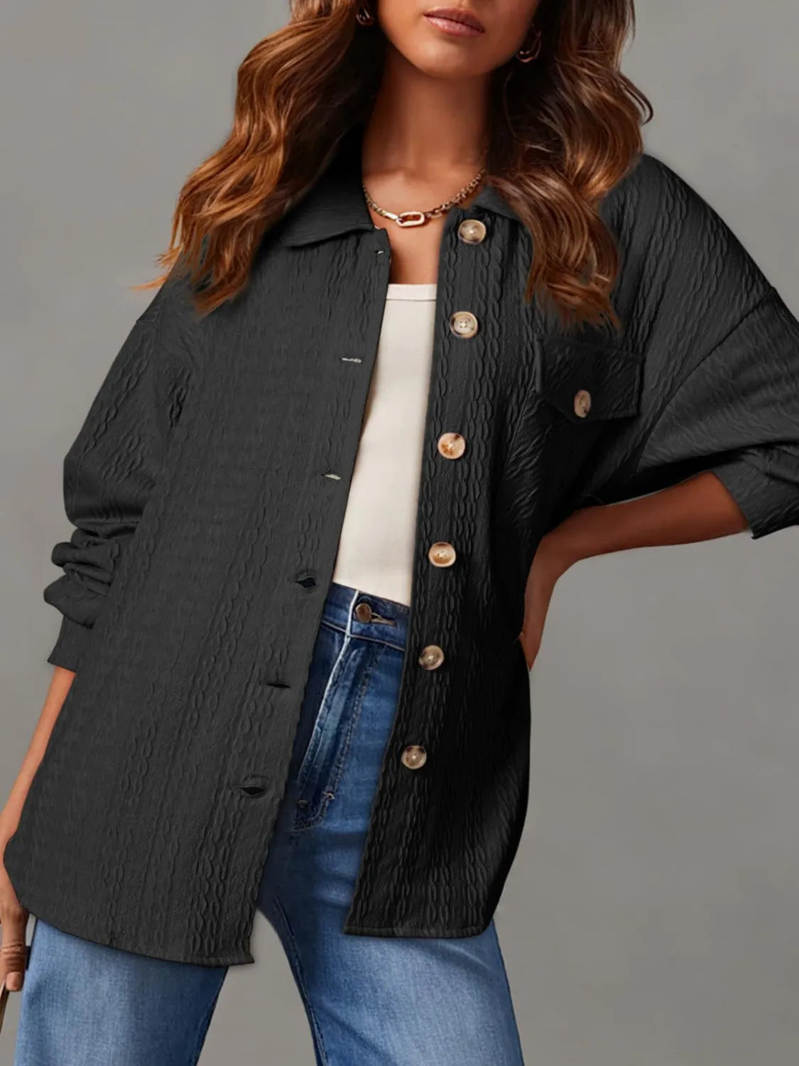 Textured Button Up Long Sleeve Shacket Black