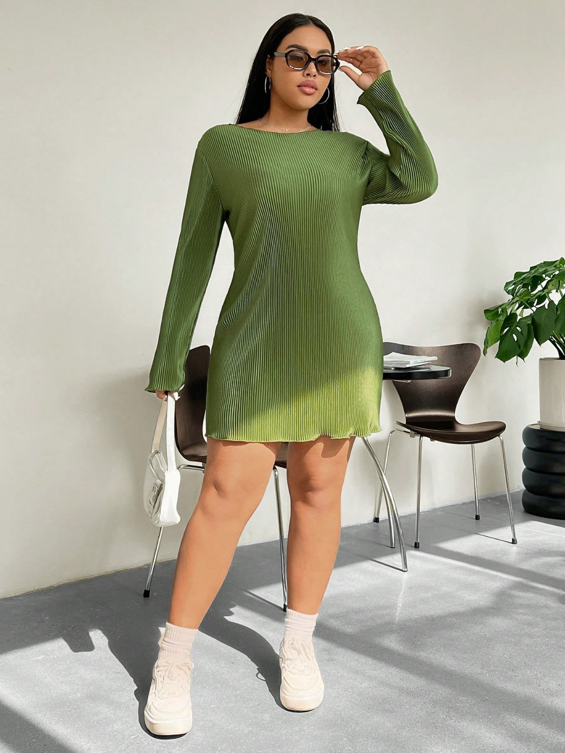 Honey Plus Size Lettuce Hem Round Neck Long Sleeve Dress Matcha Green