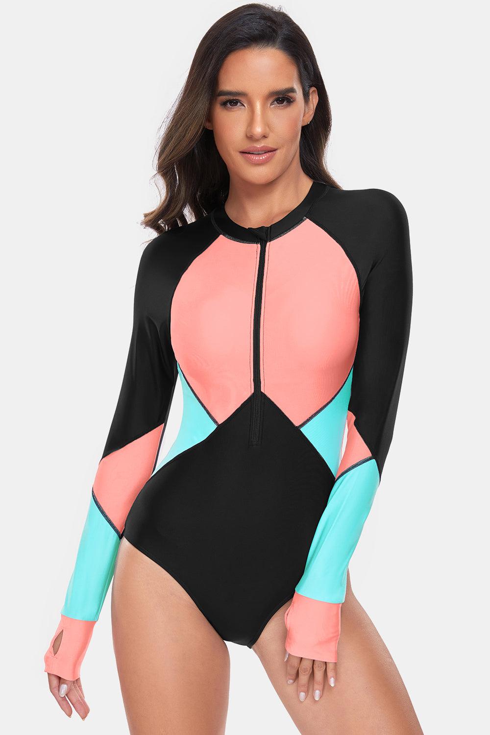 Color Block Half Zip Long Sleeve One-Piece Swimwear Burnt Coral