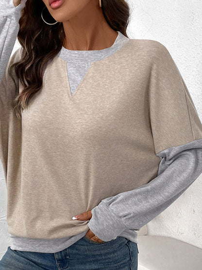 Perfee Contrast Round Neck Long Sleeve T-Shirt Tan