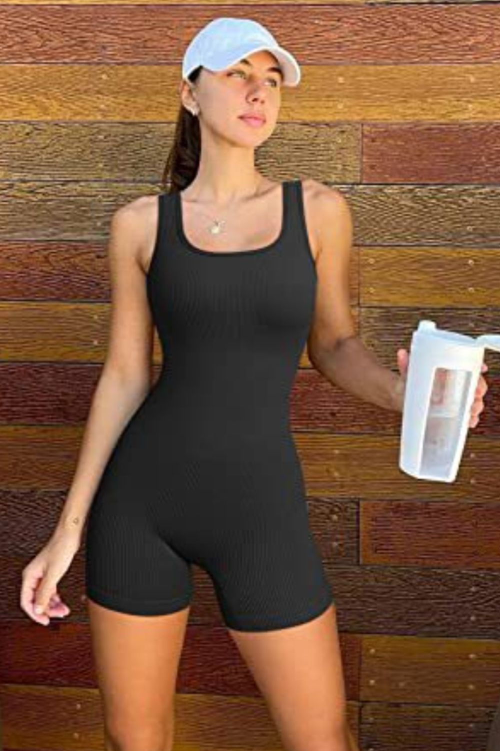 Square Neck Wide Strap Active Romper Black