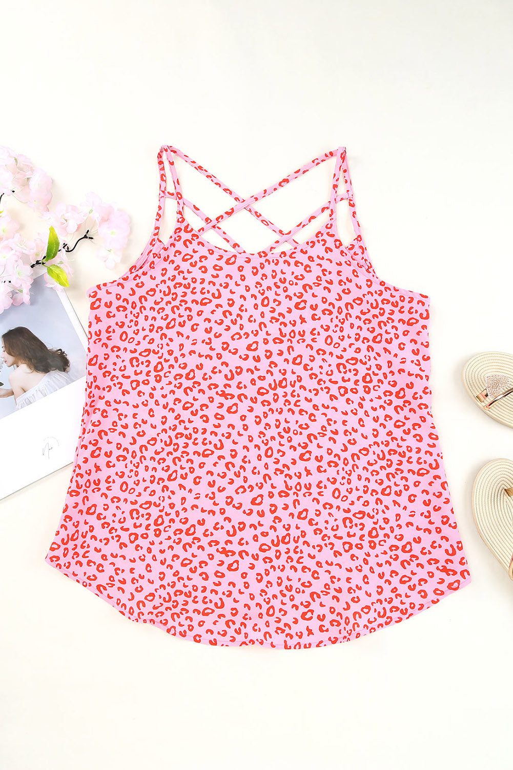 Cutout Leopard Round Neck Tank Blush Pink