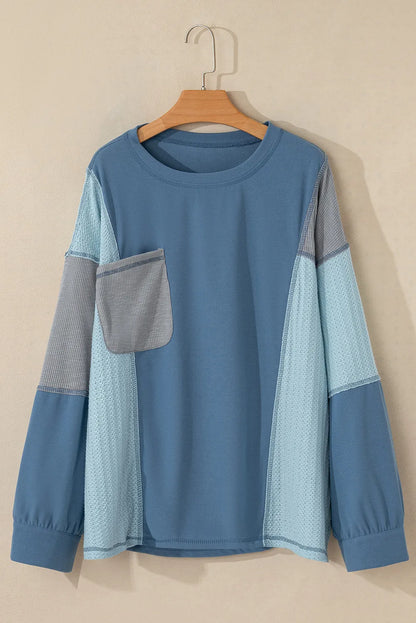 Patchwork Color Block Round Neck Long Sleeve Top Dusty Blue