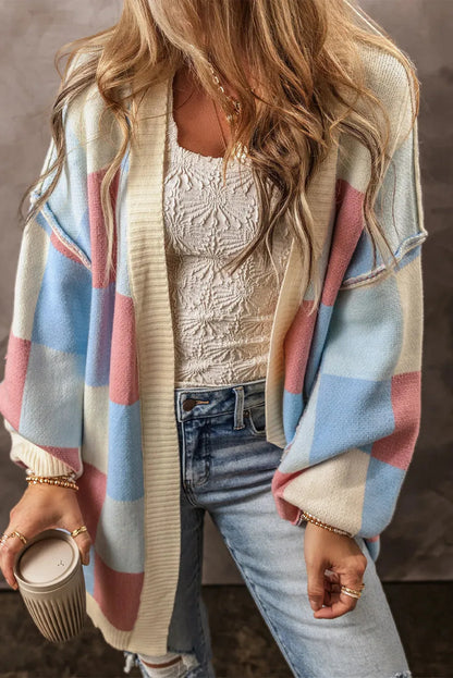 Color Block Open Front Long Sleeve Cardigan Light Blue