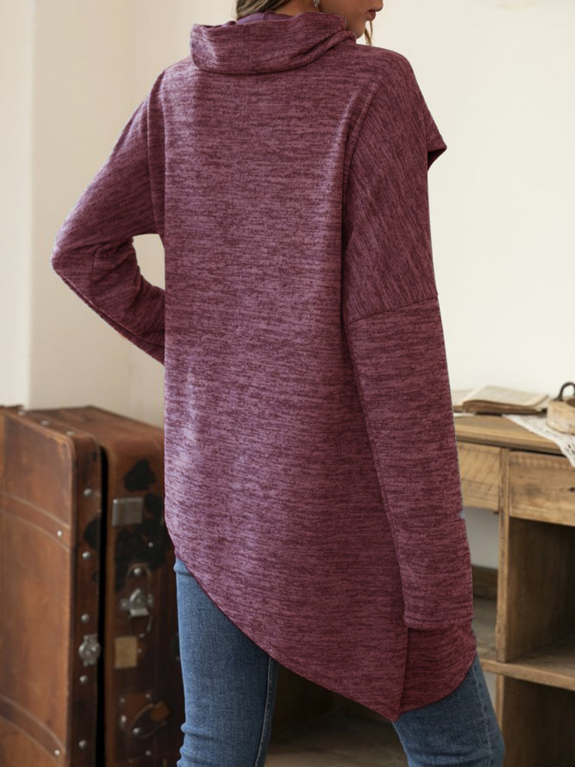 Asymmetrical Hem Cowl Neck Long Sleeve T-Shirt Deep Purple