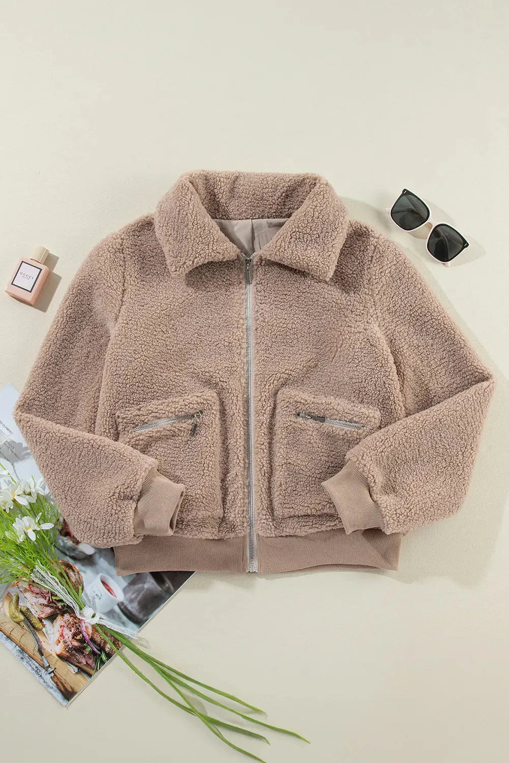 Zip Up Long Sleeve Plush Jacket Mocha