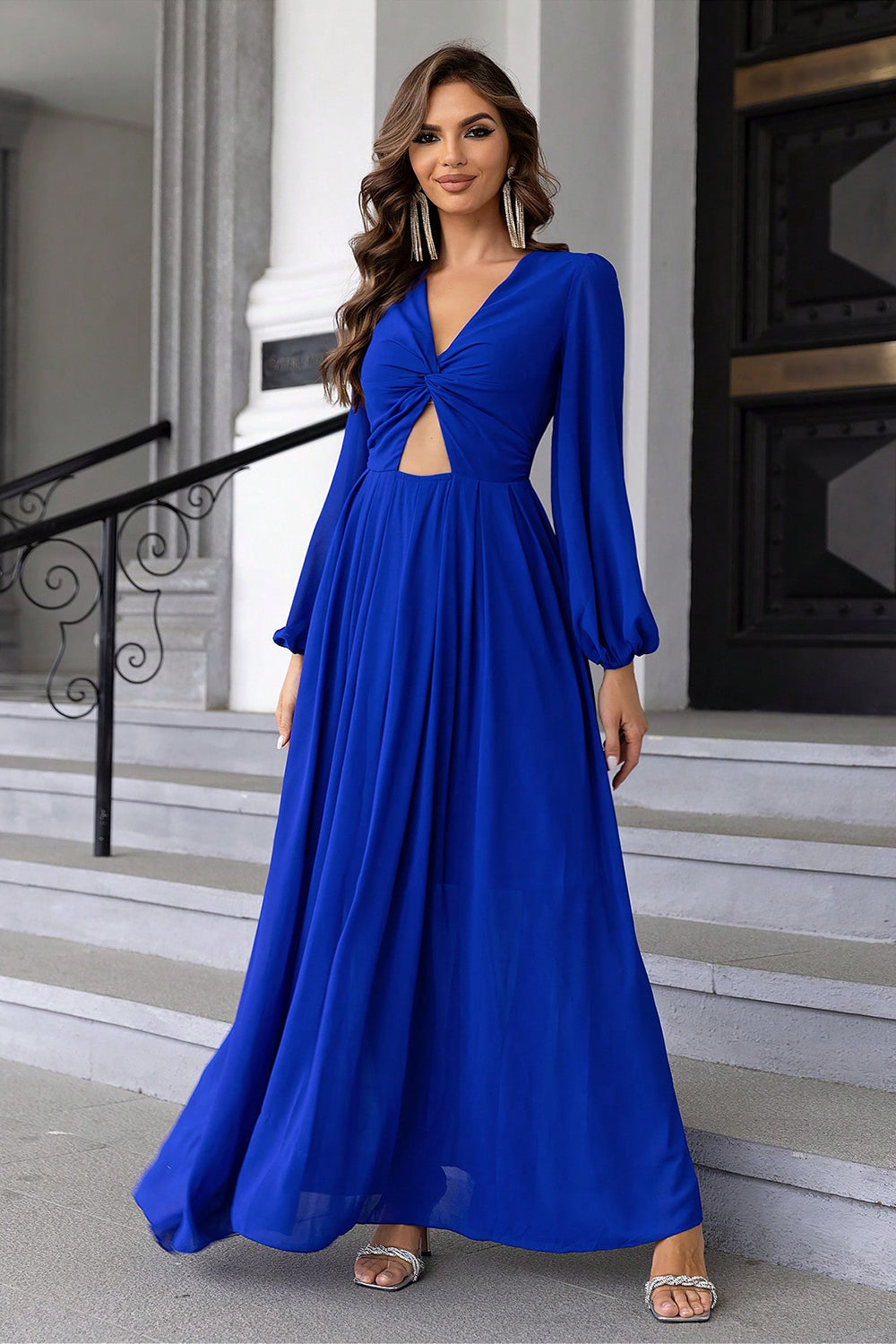 Twist Front Cutout Long Sleeve Dress Royal Blue