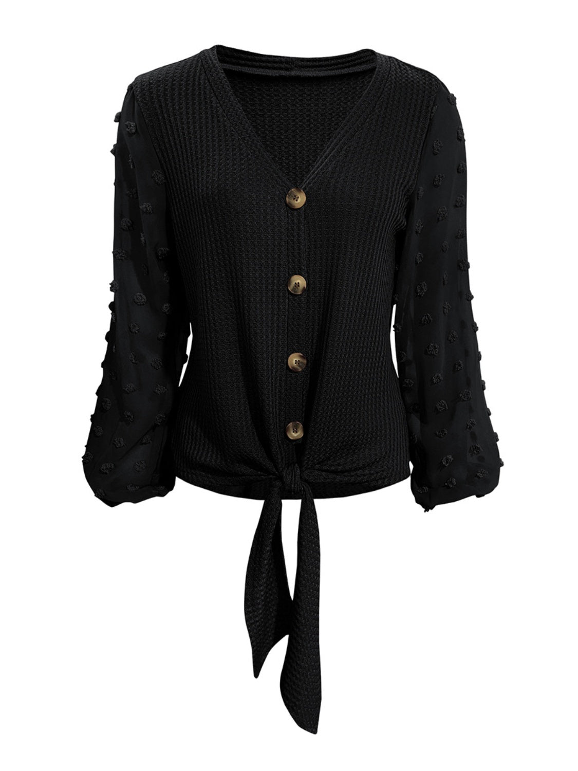 Tied Swiss Dot V-Neck Long Sleeve Blouse Black