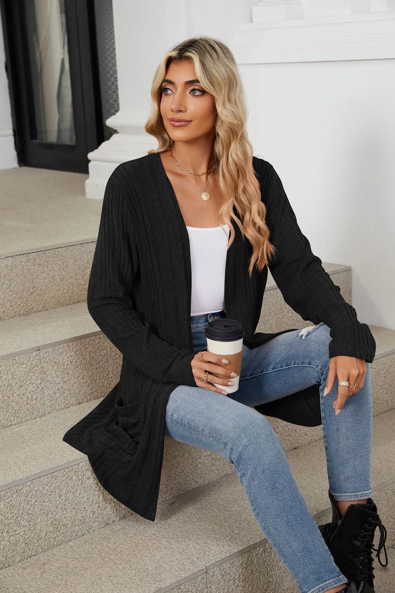 Pocketed Open Front Long Sleeve Cardigan Black