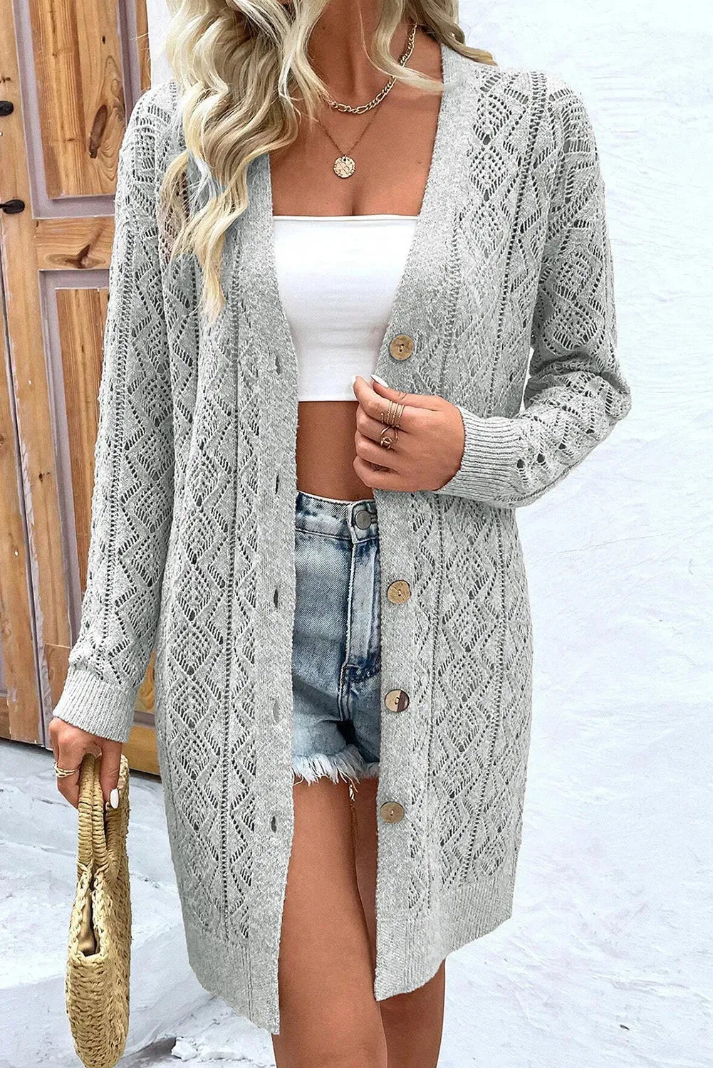 Openwork Button Down Long Sleeve Cardigan Gray