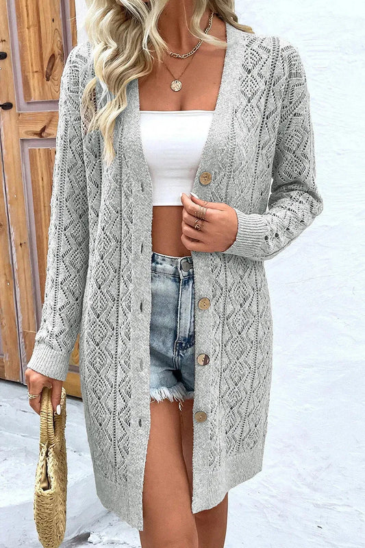 Openwork Button Down Long Sleeve Cardigan Gray