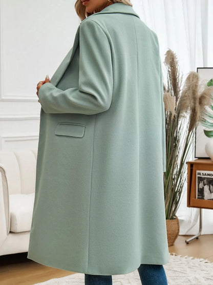 Pocketed Collared Neck Long Sleeve Coat Sage