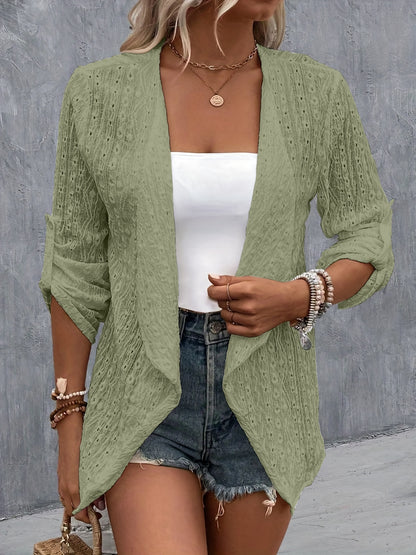 Eyelet Roll-Tab Sleeve Cardigan Sage