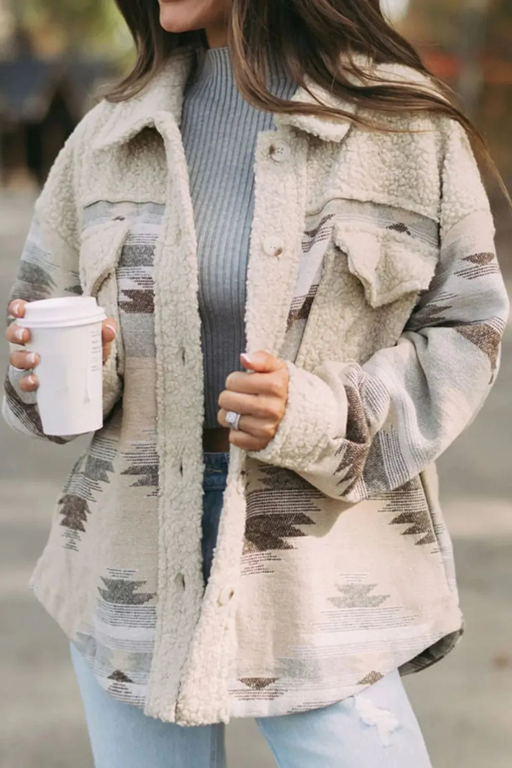 Button Up Long Sleeve Jacket Beige