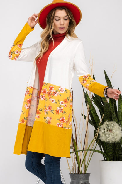 Celeste Full Size Floral Color Block Open Front Cardigan Ivory Mustard