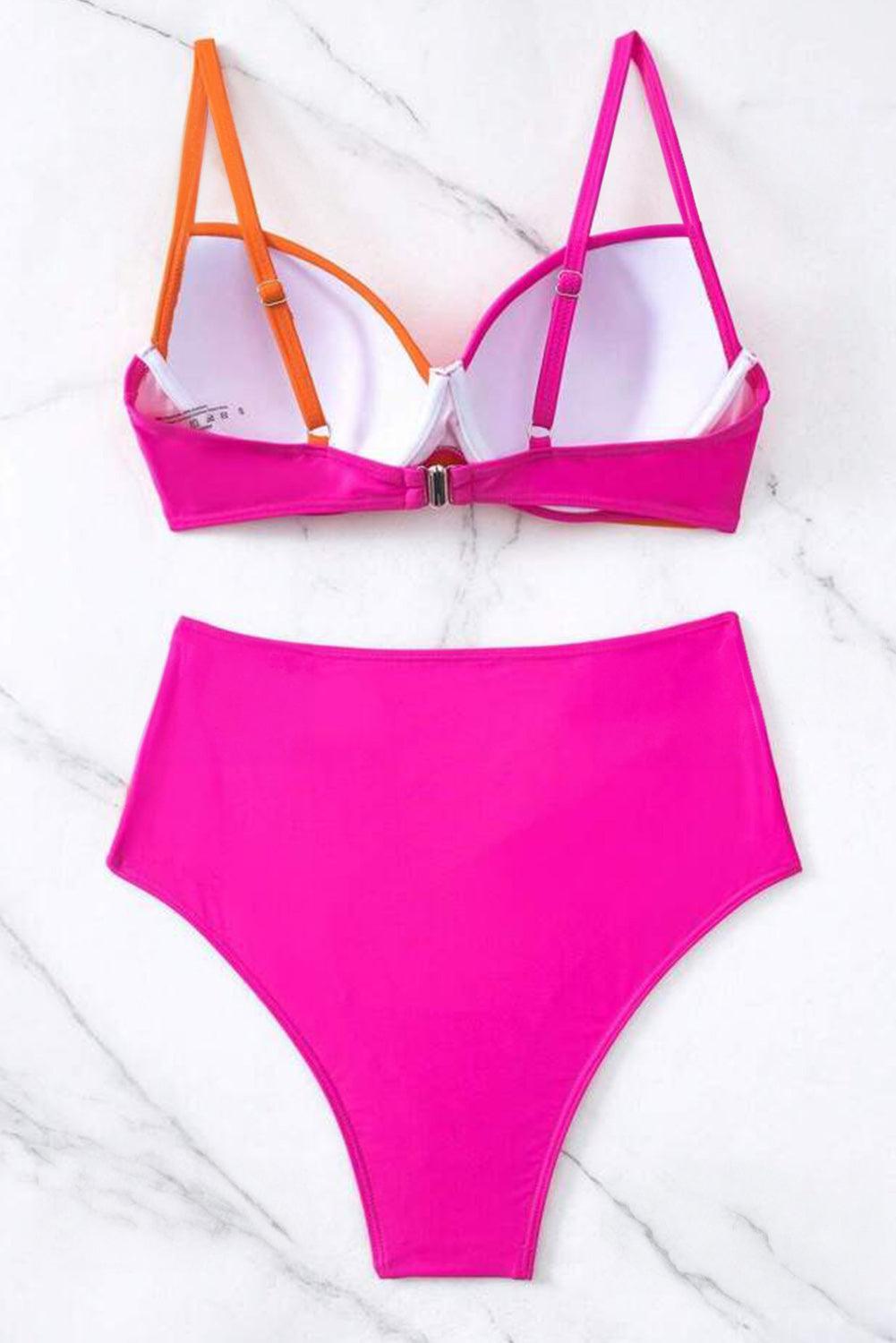 Contrast Sweetheart Neck Bikini Set Hot Pink