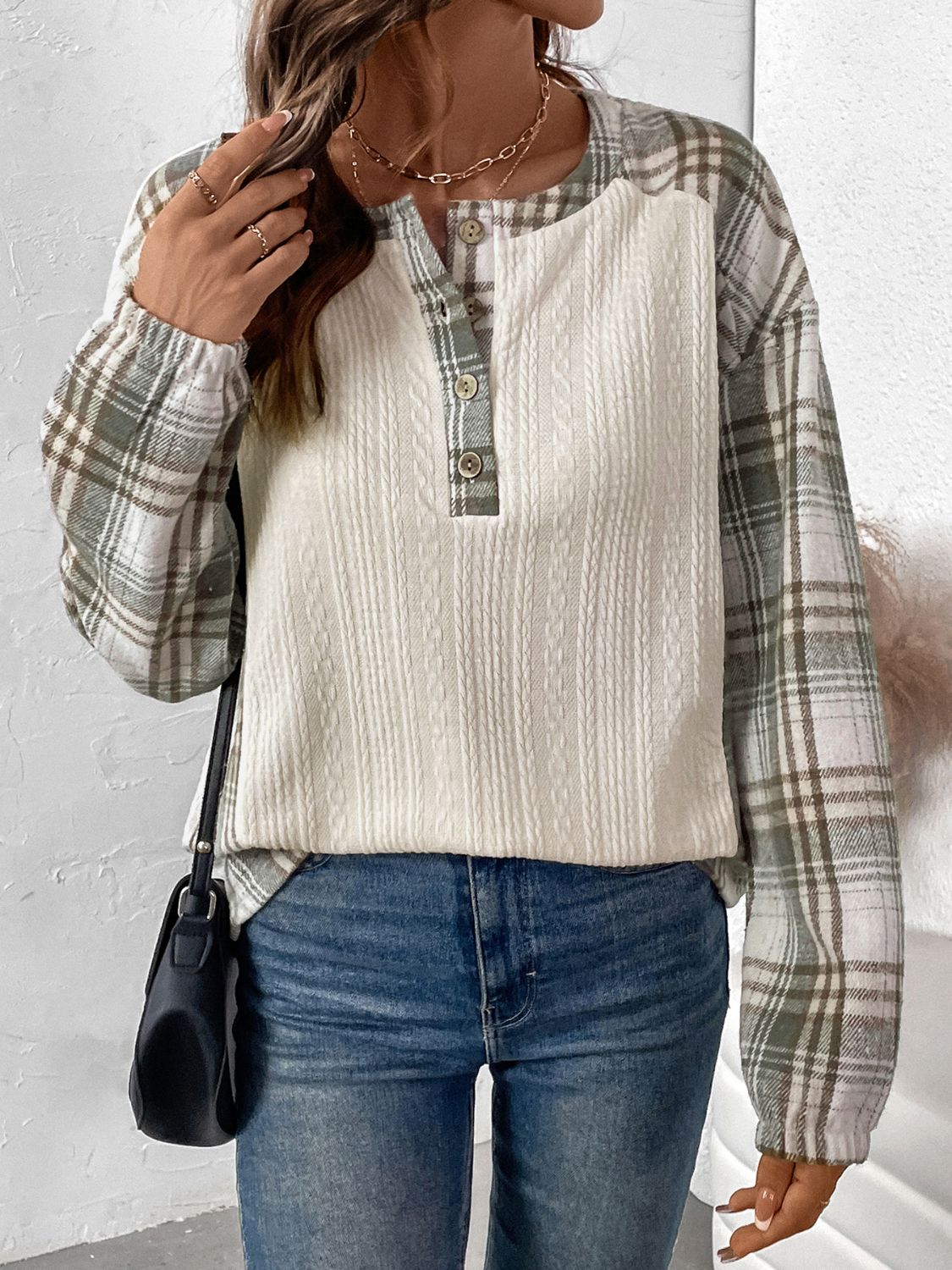 Perfee Plaid Half Button Long Sleeve T-Shirt Cream