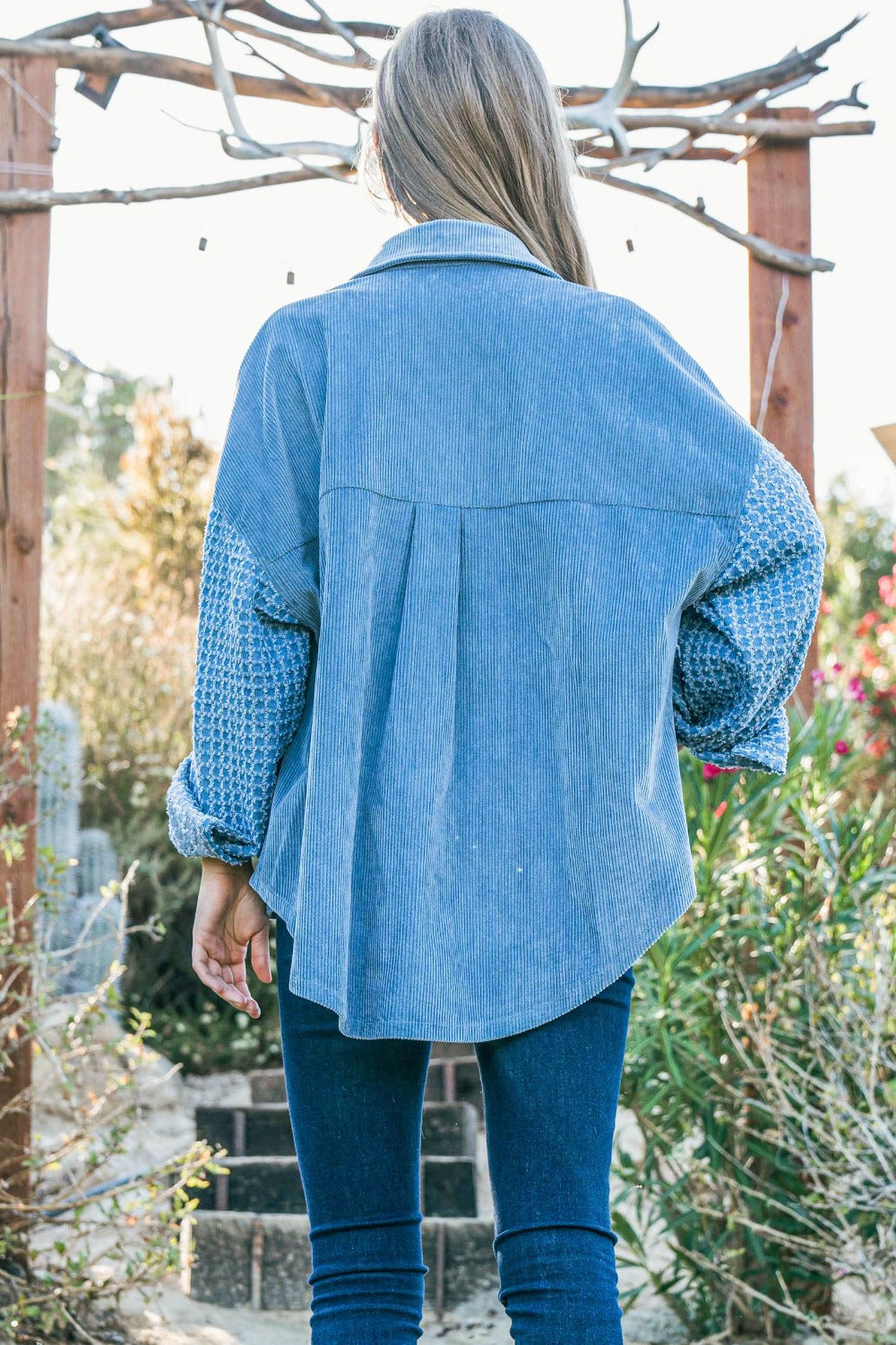 And The Why Button Down Corduroy Contrast Texture Long Sleeve Shacket Blue