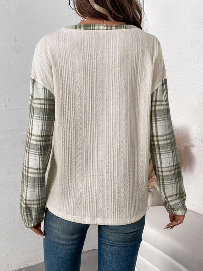 Perfee Plaid Half Button Long Sleeve T-Shirt Cream