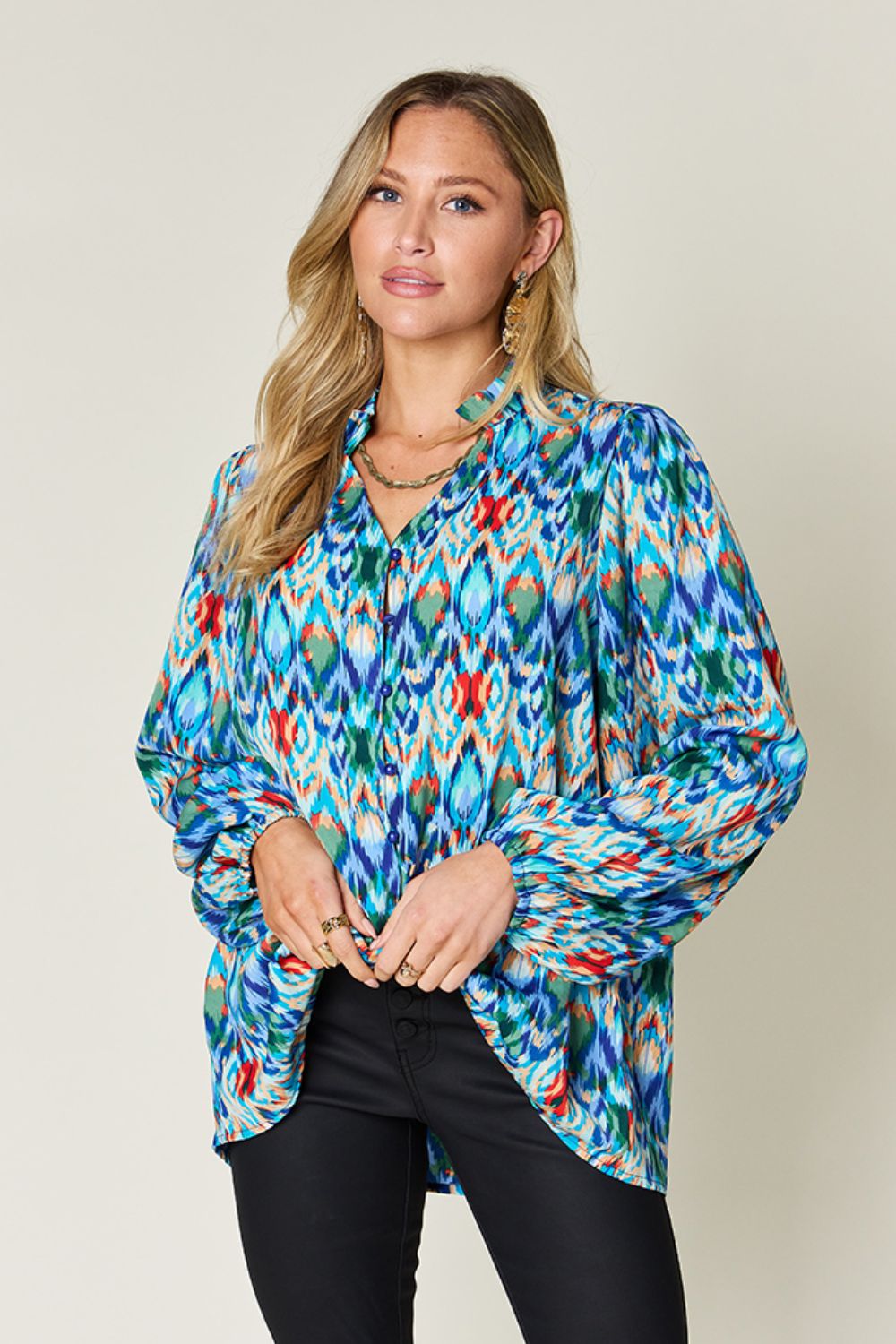 Double Take Full Size Printed Balloon Sleeve Blouse Sky Blue