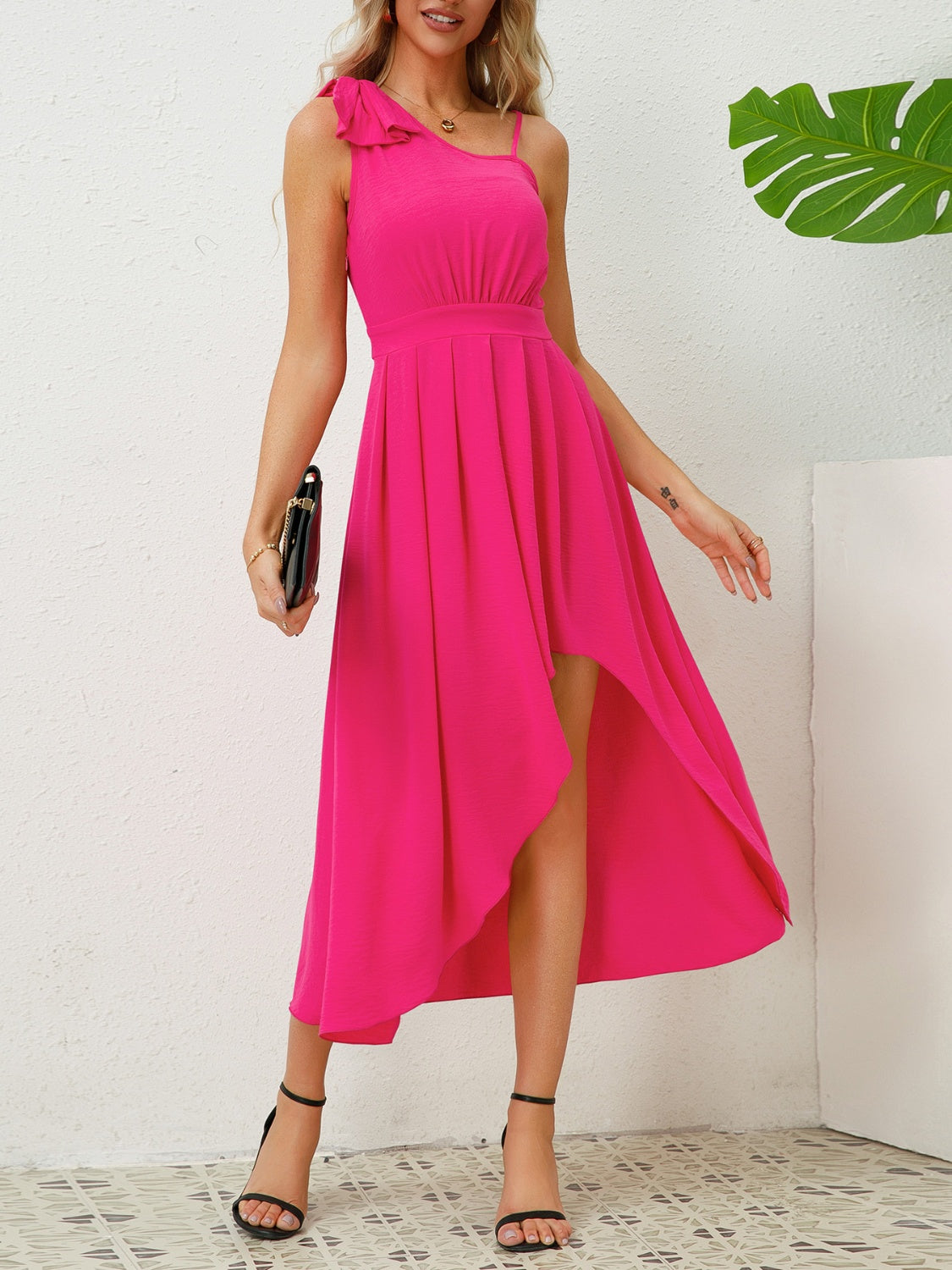 Bow Asymmetrical Neck Sleeveless Dress Hot Pink