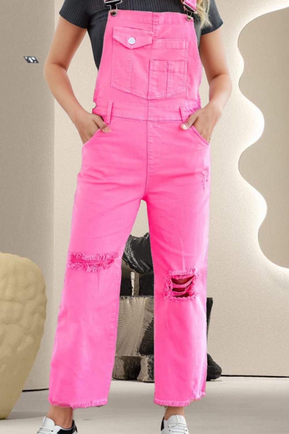 Distressed Pocketed Wide Strap Denim Overalls Pink