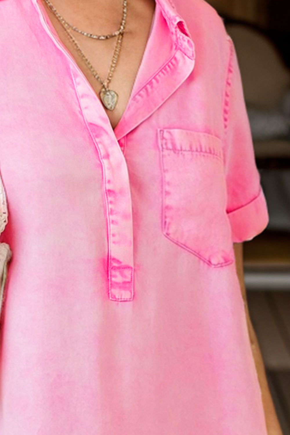 Pocketed Collared Neck Short Sleeve Denim Dress Blush Pink