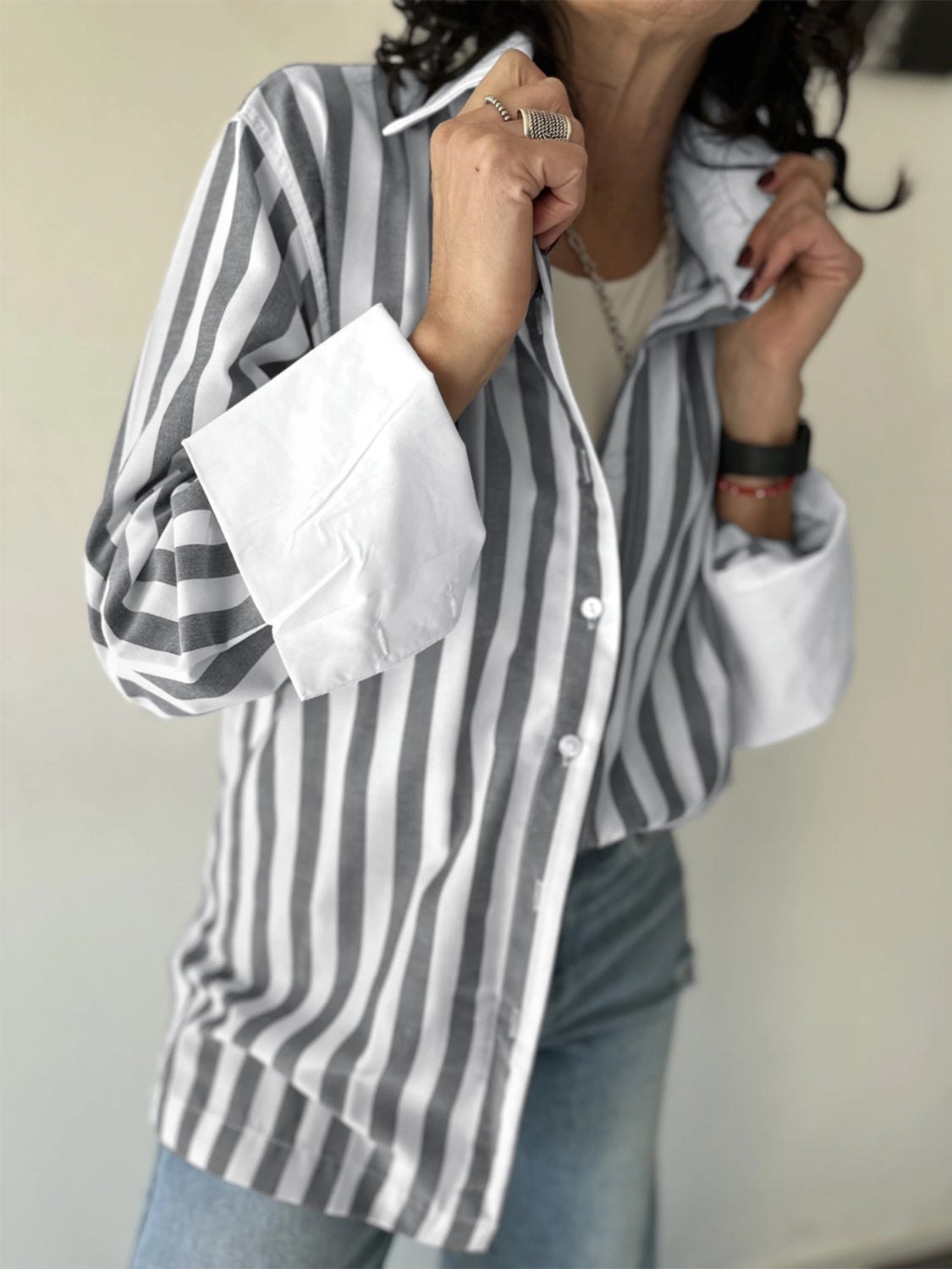 Striped Collared Neck Long Sleeve Shirt Stripe