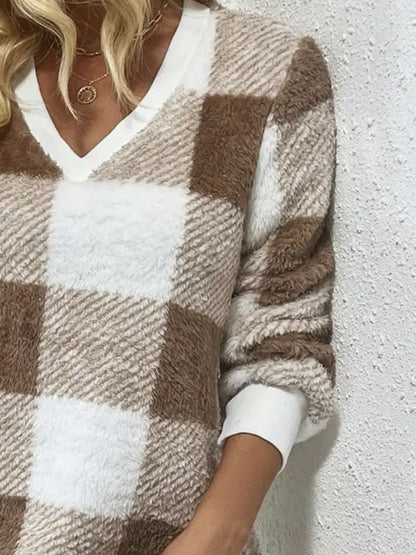 Plaid V-Neck Long Sleeve Dress Taupe