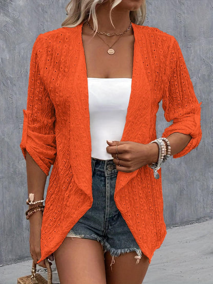 Eyelet Roll-Tab Sleeve Cardigan Orange