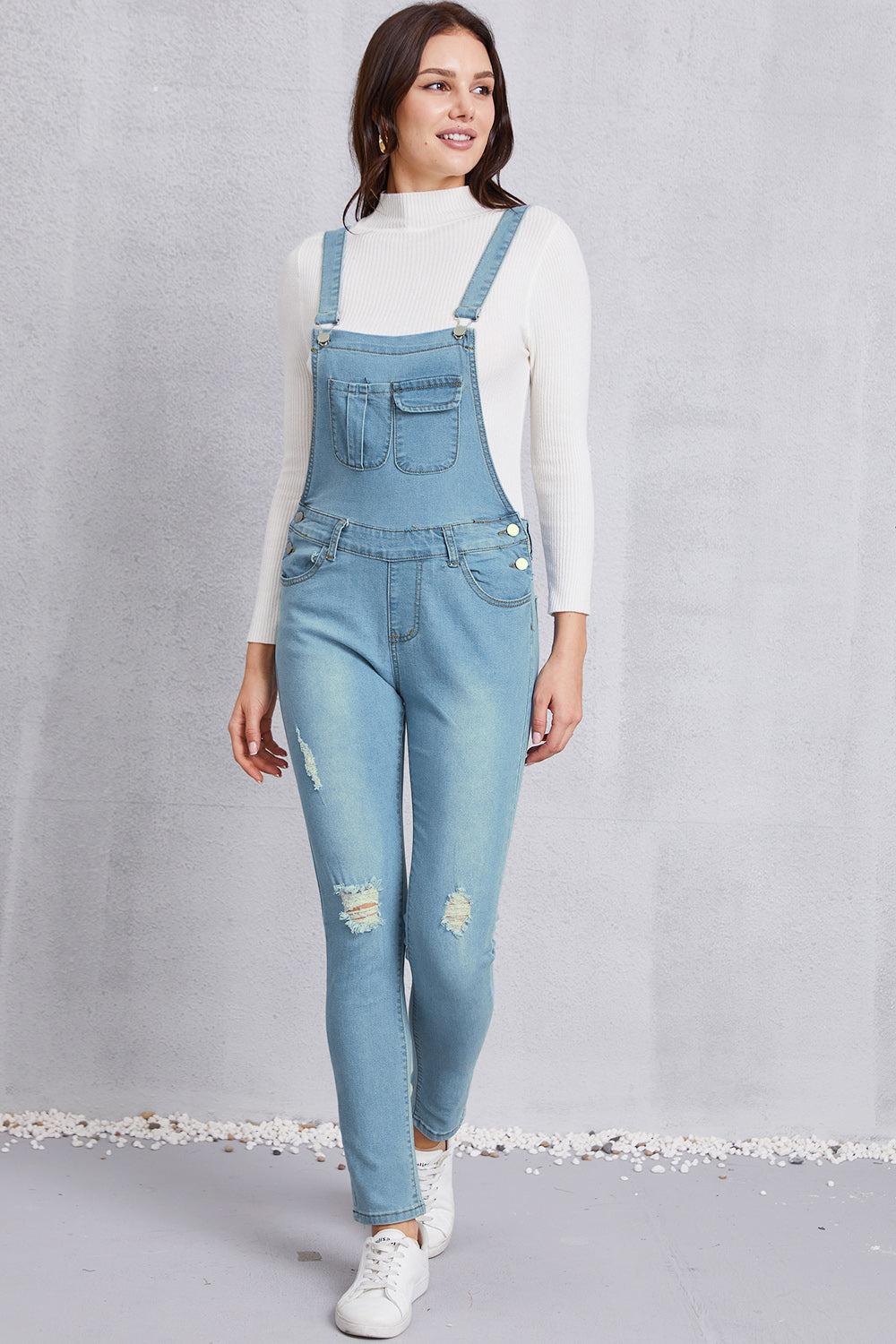 Distressed Washed Denim Overalls with Pockets Light