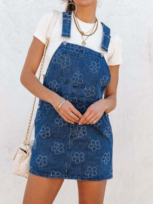 Flower Wide Strap Denim Overall Dress with Pockets Peacock Blue