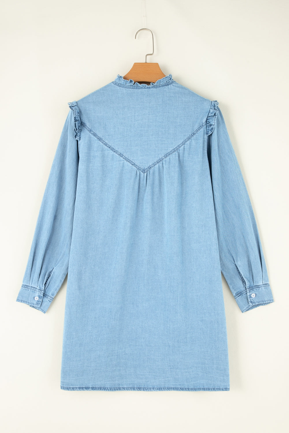 Button Up Notched Long Sleeve Denim Dress Light Blue