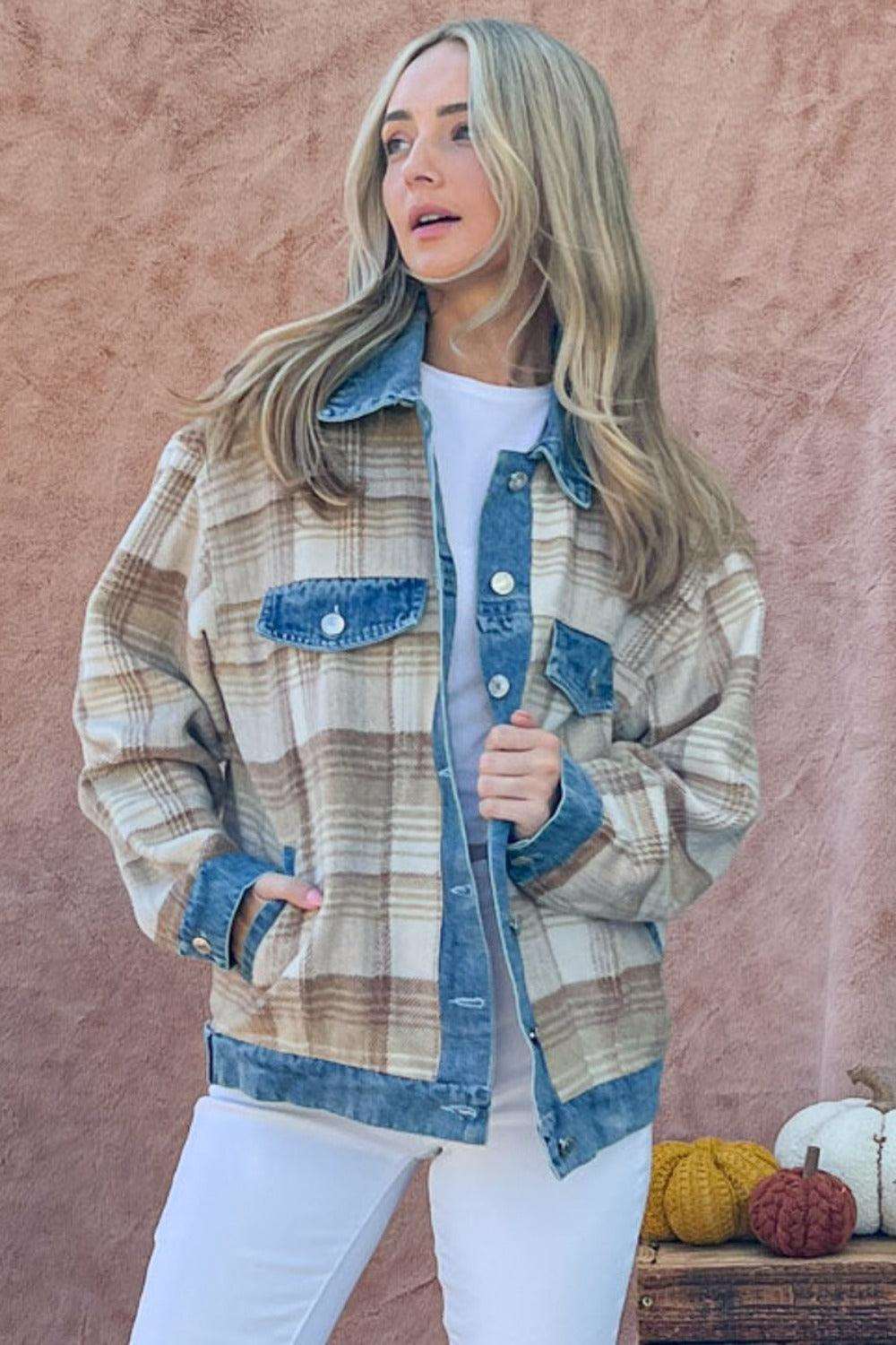 And The Why Full Size Washed Denim Detail Brushed Plaid Jacket Multi