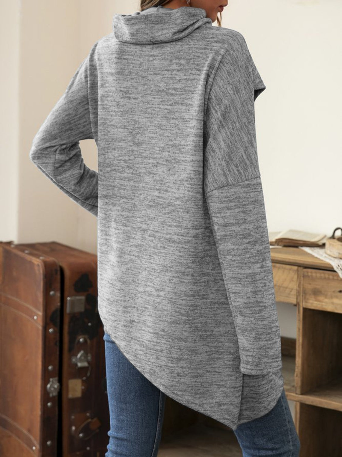 Asymmetrical Hem Cowl Neck Long Sleeve T-Shirt Gray