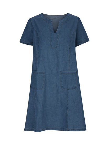 Full Size Notched Short Sleeve Denim Dress Dusty Blue