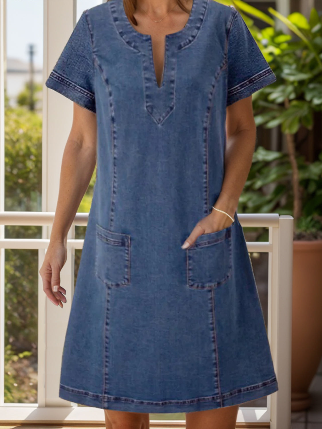 Full Size Notched Short Sleeve Denim Dress Dusty Blue