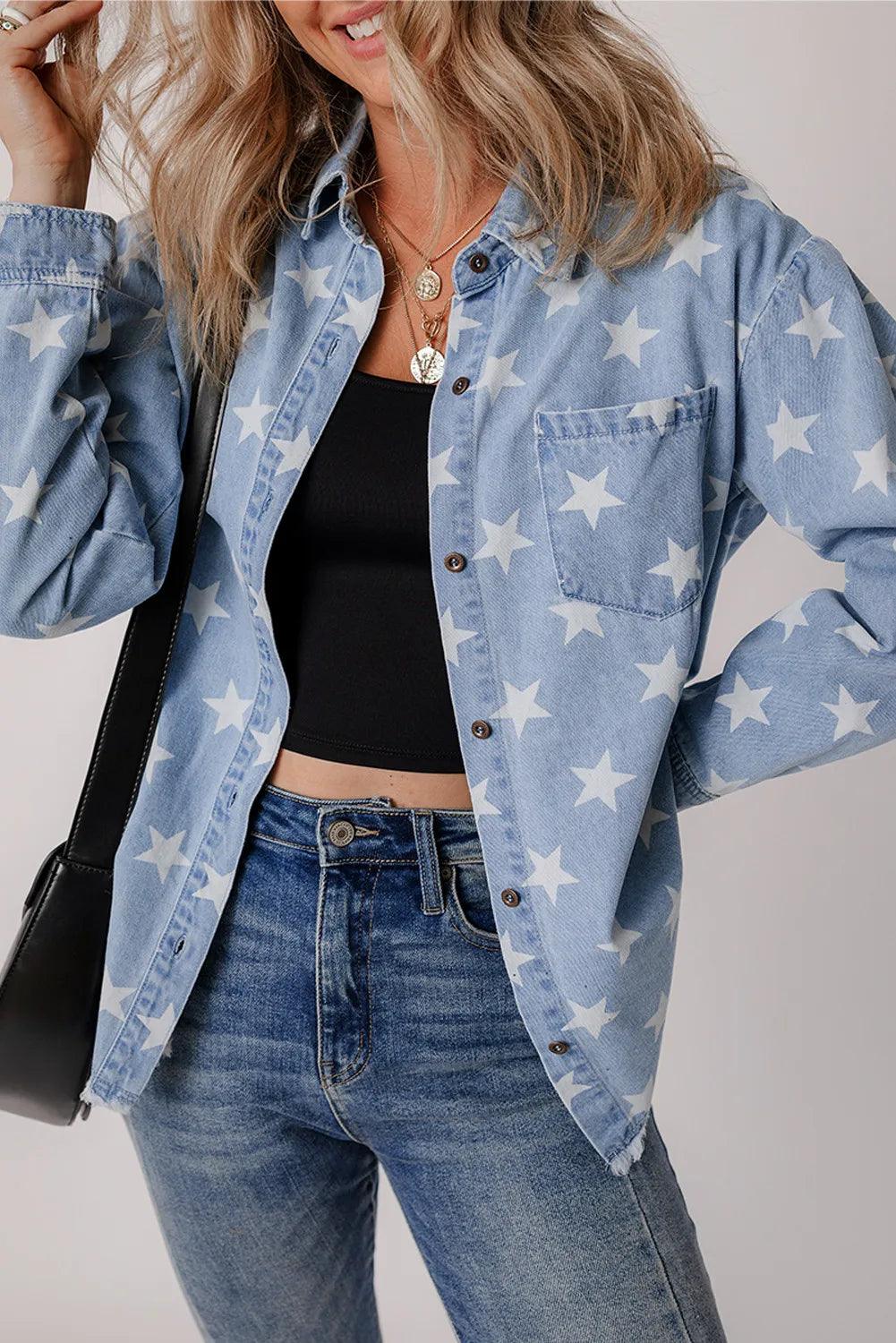 Star Button Up Long Sleeve Denim Jacket Light