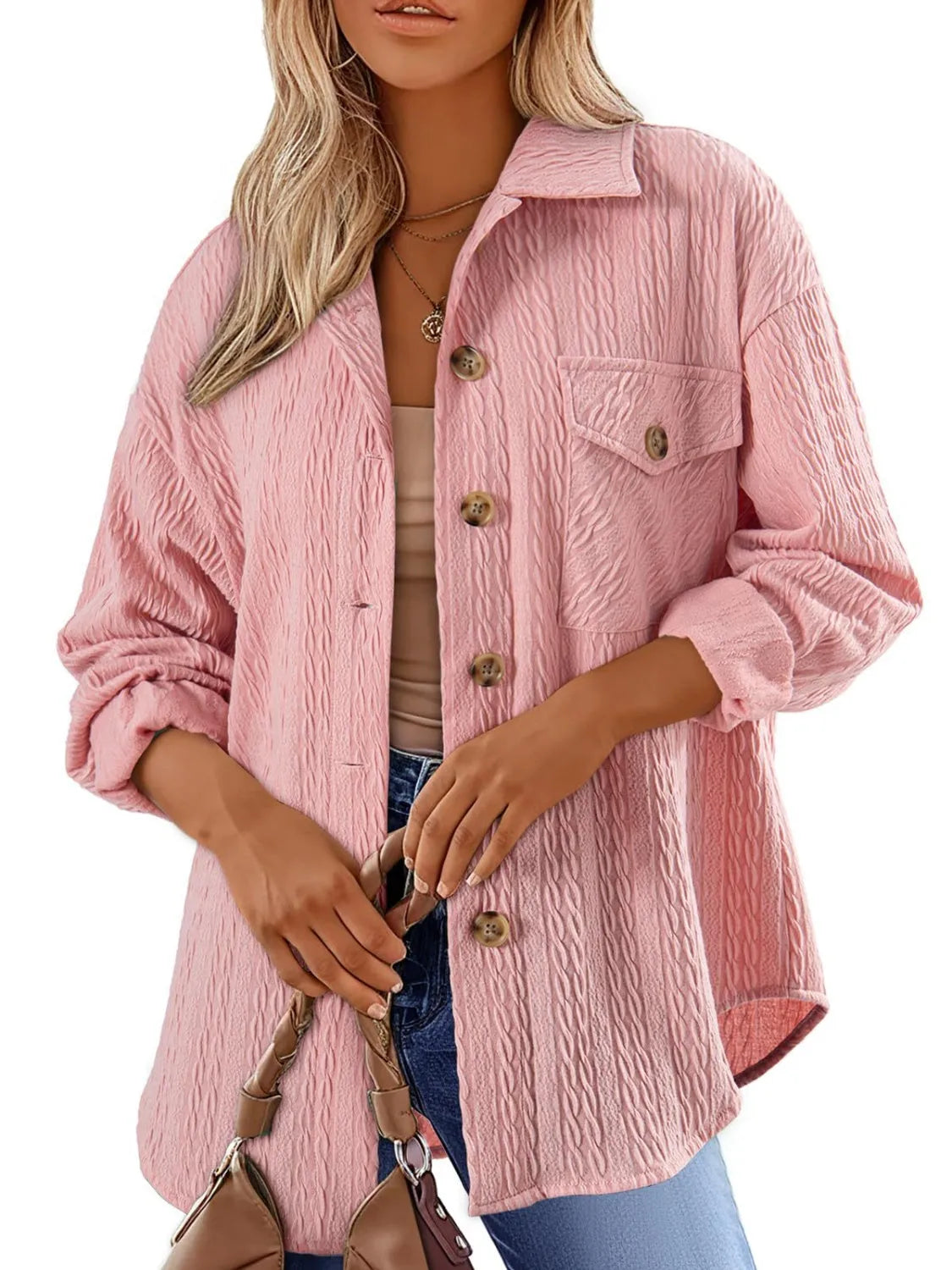 Textured Button Up Long Sleeve Shacket Blush Pink